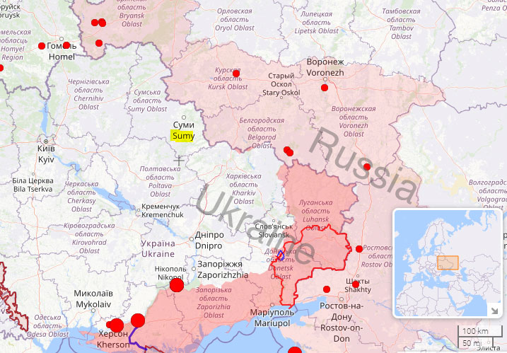russian saboteur activity decreases sumy oblast says border service spokesman map war zone ukraine marked red regions coming under ukraine's drone attacks pink liveuamap