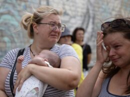 Ukrainian citizens evacuate from Pokrovsk in Donetsk Oblast.