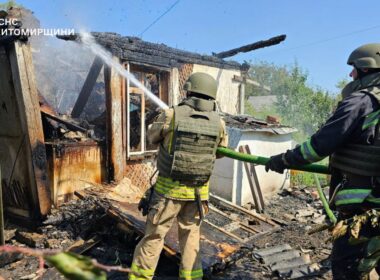 Ukrainian rescuers extinguishing the fire in Zhytomyr Oblast after Russian massive attack on Ukraine.