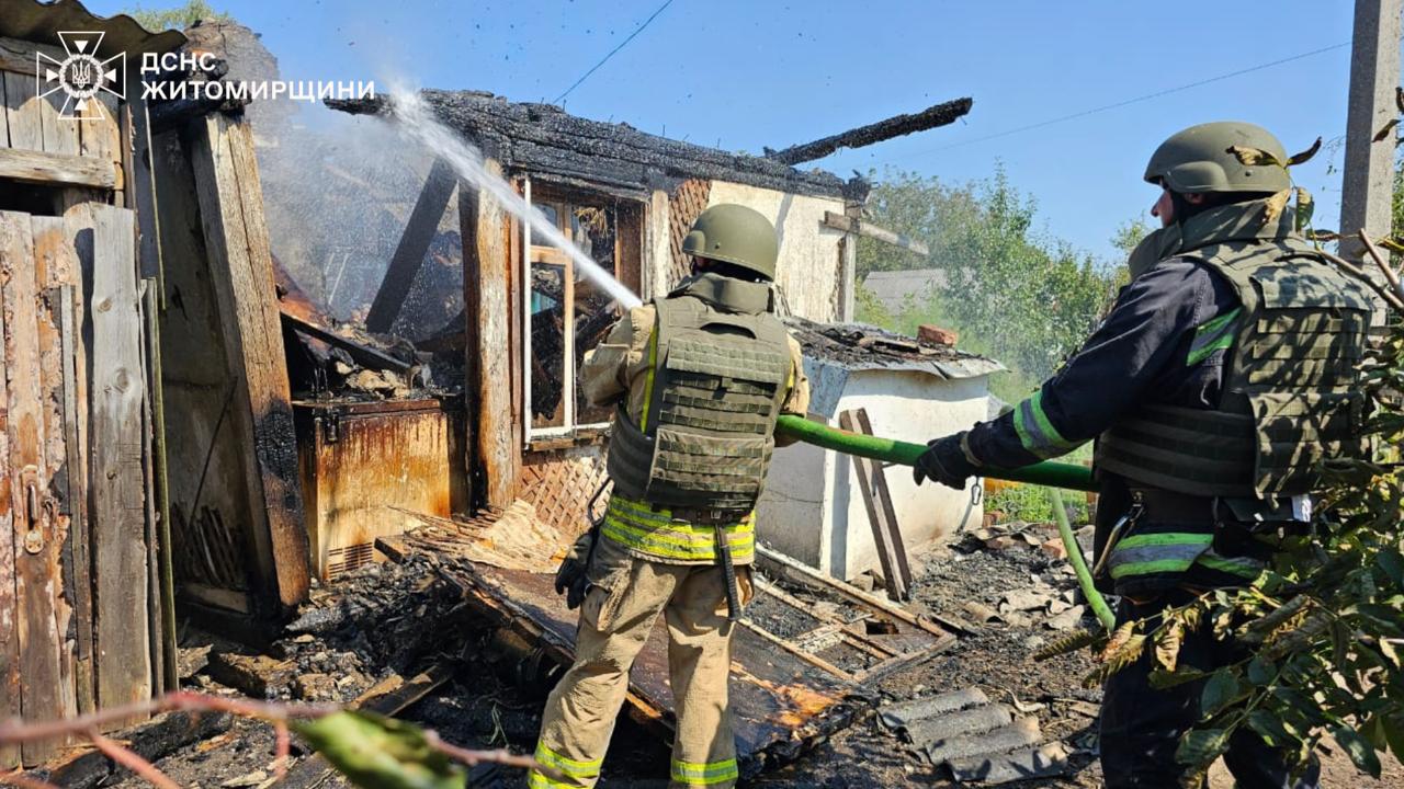 Ukrainian rescuers extinguishing the fire in Zhytomyr Oblast after Russian massive attack on Ukraine.