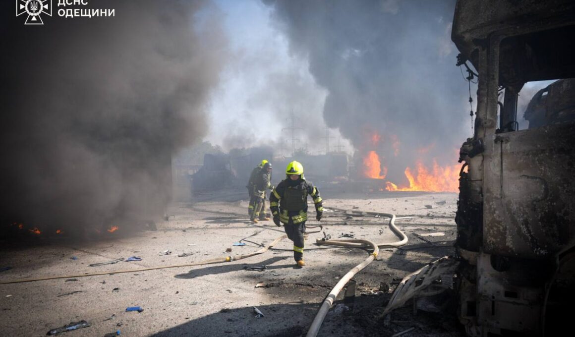 Ukrainian rescuers dealing with the aftermath of Russian massive attack on Ukraine on 26 August.