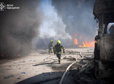 Ukrainian rescuers dealing with the aftermath of Russian massive attack on Ukraine on 26 August.