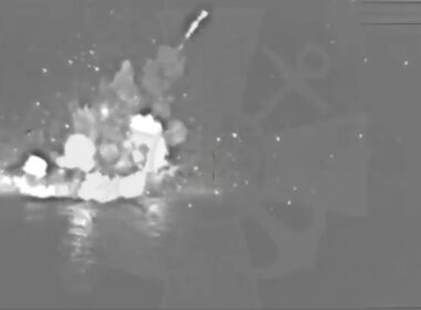 Alleged moment when Ukrainian forces struck Russian-occupied gas platform in Black Sea.