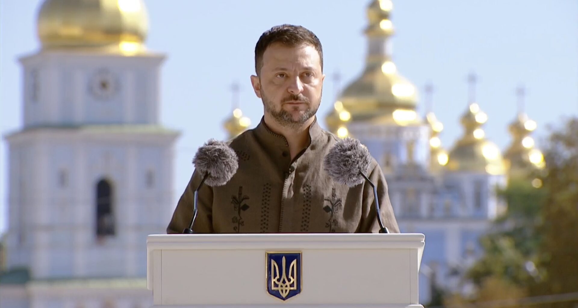 President Volodymyr Zelenskyy speaking at the Independence Day celebration.