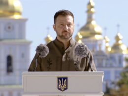 President Volodymyr Zelenskyy speaking at the Independence Day celebration.