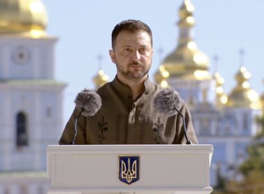 President Volodymyr Zelenskyy speaking at the Independence Day celebration.