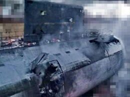 Damage to the Rostov-Na-Donu improved Kilo-class submarine (Project 636.3) after an attack on the temporarily occupied Sevastopol, 18 September 2023. Photo via Defense Express.