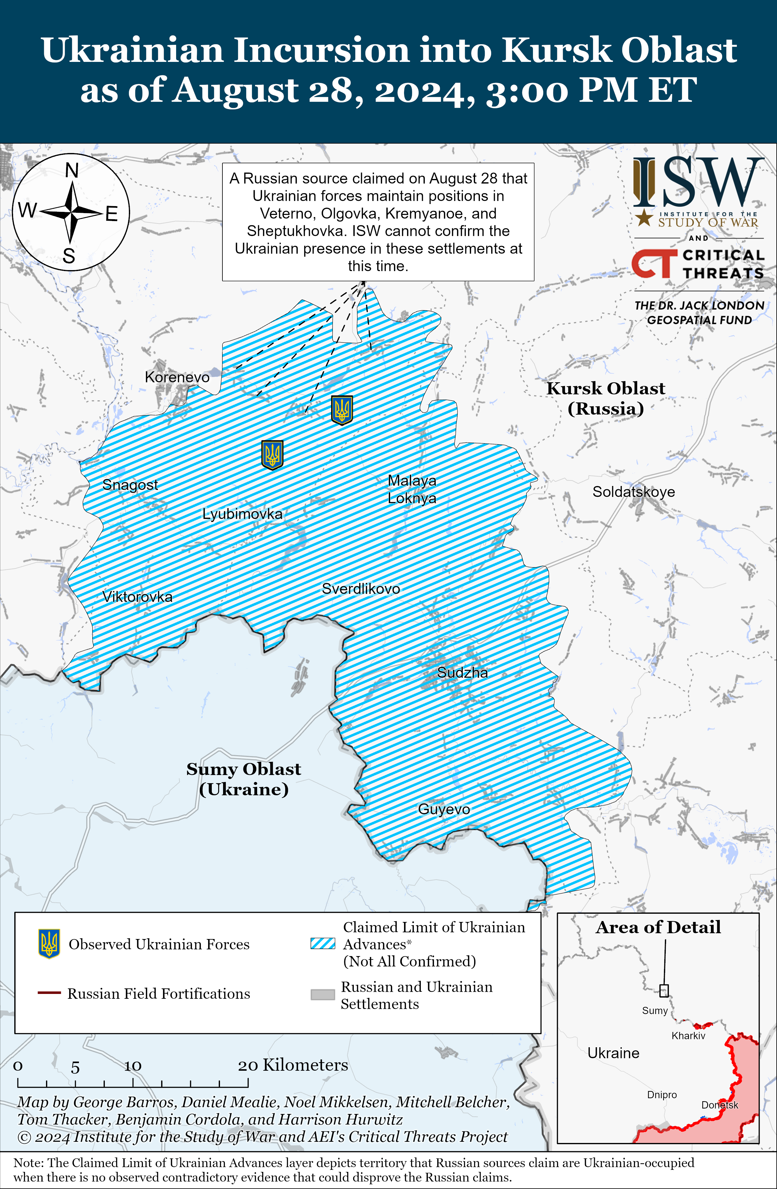 Situational report showcasing the current developments related to the Ukrainian incursion in the Kursk Oblast. Source: ISW.