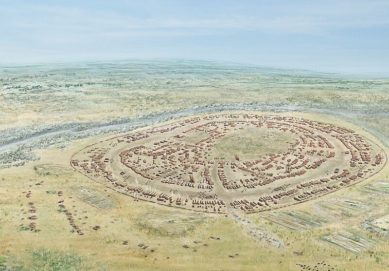 Reconstruction of the main occupation phase of the Cucuteni-Trypillia mega-site at Maidanets'ke ca. 3800 BC. Photo via Wikimedia/Susanne Beyer.