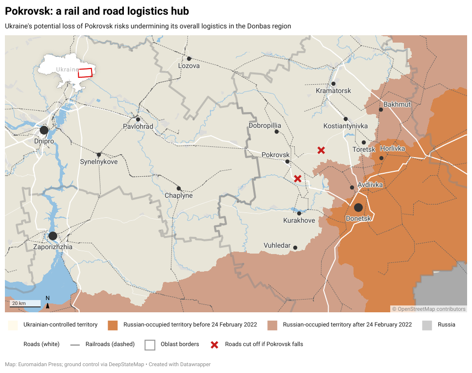 Pokrovsk, a key road and rail hub in Donbas, on a map