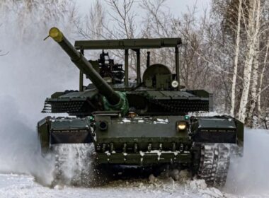 The Russian revamped T-80BVM tank, with the cage visible on top. Photo via Omsktransmash.