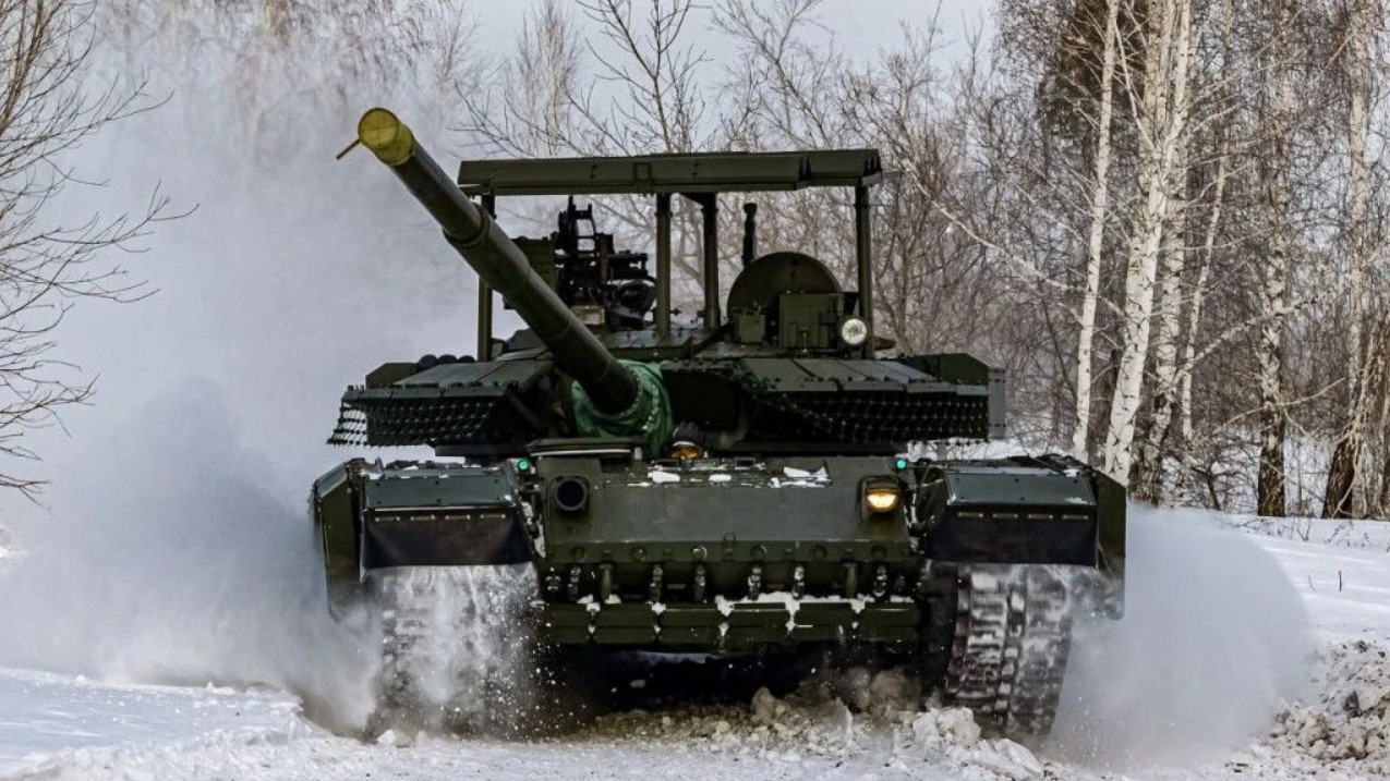 The Russian revamped T-80BVM tank, with the cage visible on top. Photo via Omsktransmash.