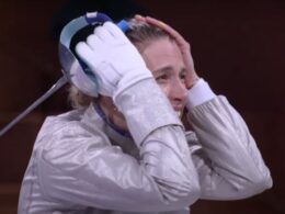 women's saber team wins first gold ukraine paris olympics ukrainian fencer olha kharlan celebrates after winning fencing screenshot suspilne