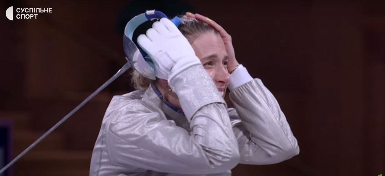 women's saber team wins first gold ukraine paris olympics ukrainian fencer olha kharlan celebrates after winning fencing screenshot suspilne