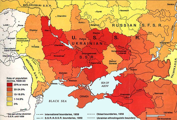 An overview map of the population decline in 1929-1933 in Ukraine and southern Russia.