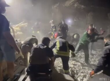 Rescuers are dismantling the rubble of a destroyed house in Ukraine's Brovary district on 11 August 2024