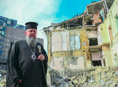 Metropolitan of the Orthodox Church of Ukraine near the Okhmatdyt children's hospital in Kyiv