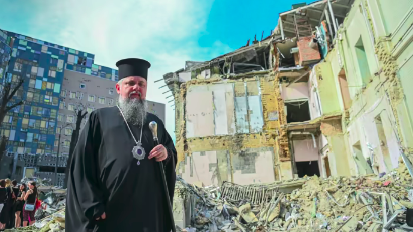 Metropolitan of the Orthodox Church of Ukraine near the Okhmatdyt children's hospital in Kyiv