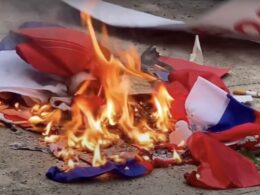 Russian flag burning in Bulgaria.