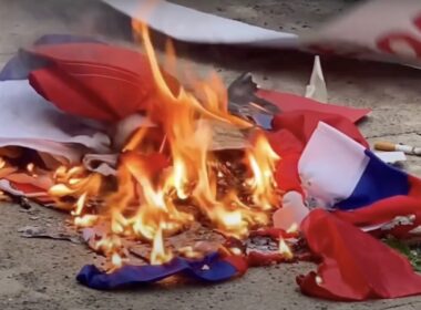 Russian flag burning in Bulgaria.