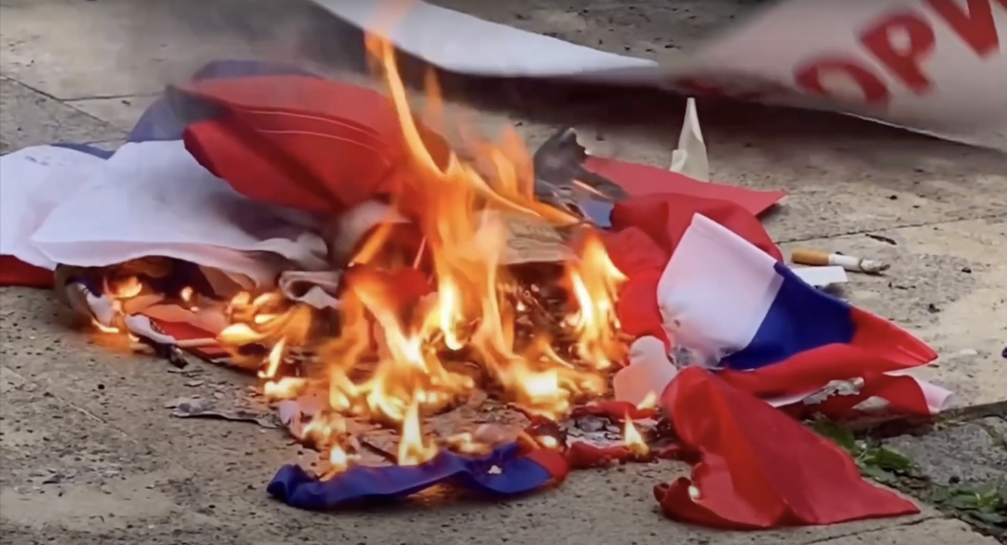 Russian flag burning in Bulgaria.