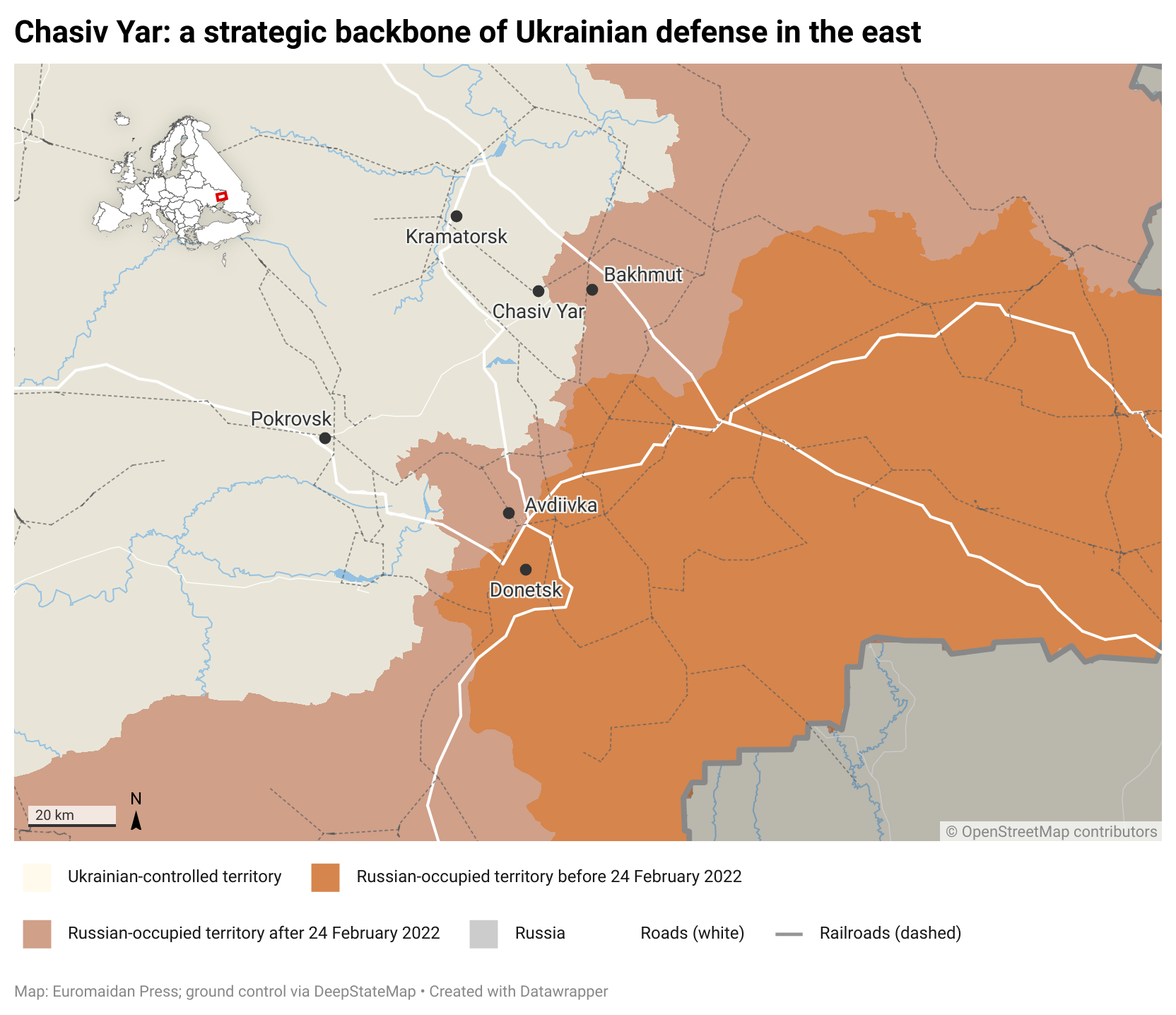 Chasiv Yar on a map Donbas defense eastern Ukraine 