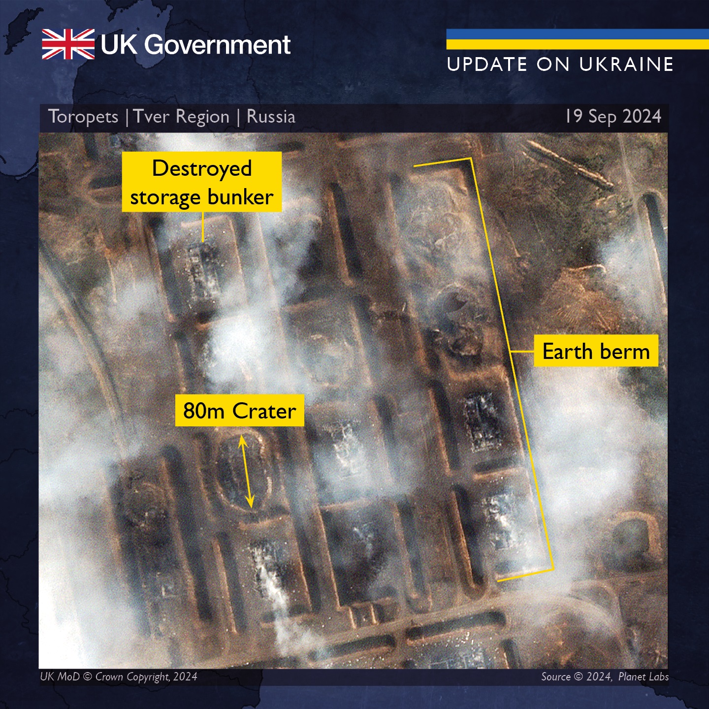 Satellite photography showcasing the affected area where explosions took place. Photo via the UK Ministry of Defense/Twitter.