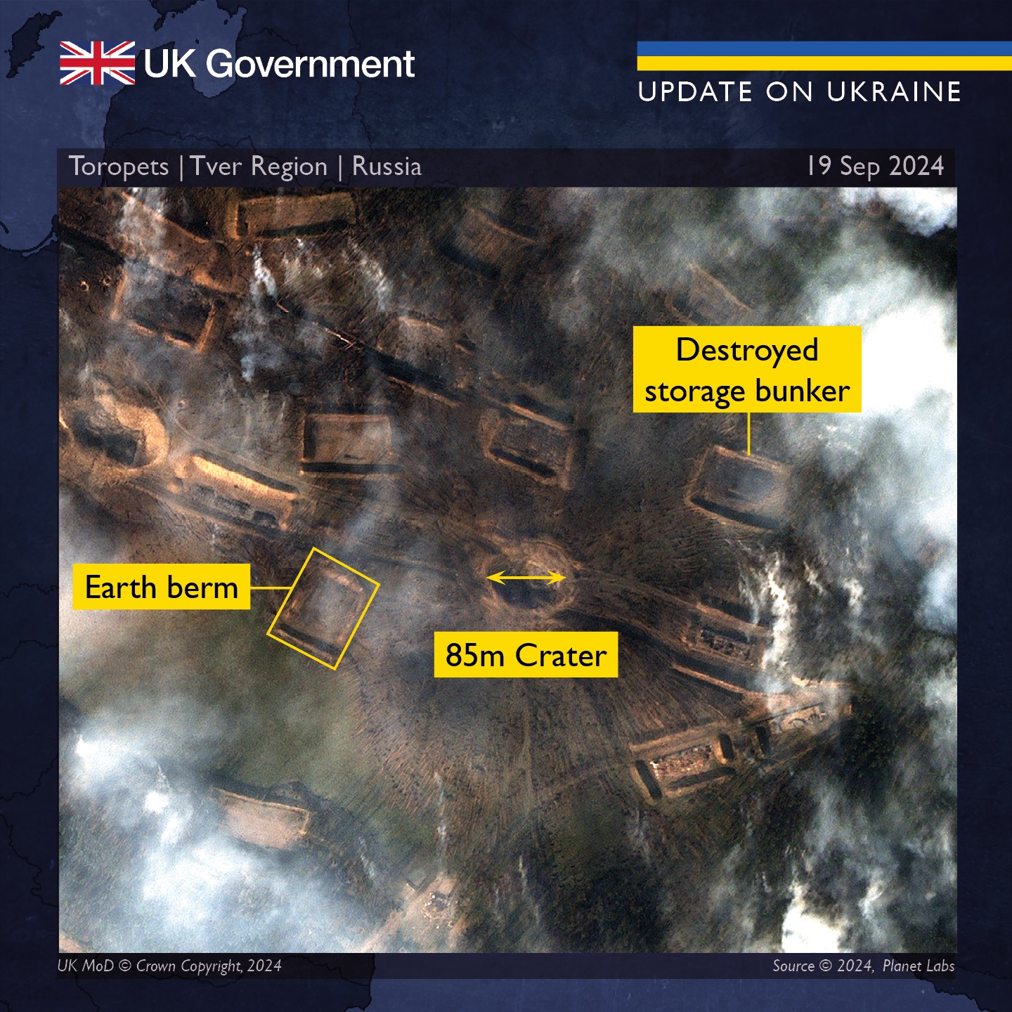 Satellite photography showcasing the affected area where explosions took place. Photo via the UK Ministry of Defense/Twitter.