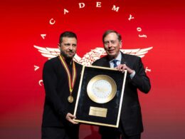 Ukrainian President Volodymyr Zelenskyy receives the award by the American Academy of Achievement.