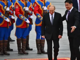 Mongolian President Ukhnaagiin Khurelsukh with Russian President Vladimir Putin