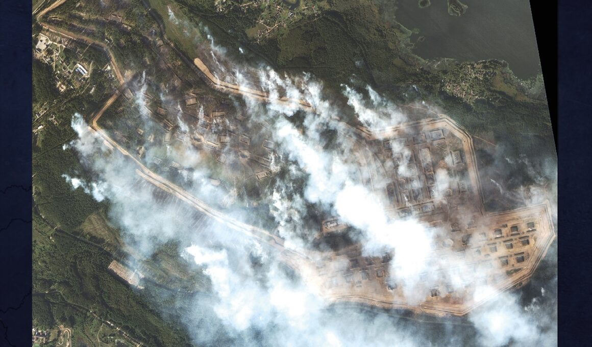 Satellite photography showing the result of the Ukrainian attack on Toropets, in the Tver Oblast, Russia. Photo via UK Ministry of Defense.