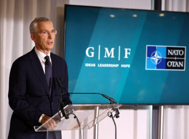 stoltenberg urges increased weapons support ukraine nato farewell speech jens delivering his secretary general german marshall fund event reflections challenging decade 19 september 2024 natoint stoltenberg-farewell-speech-240919a-00