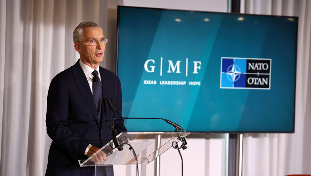 stoltenberg urges increased weapons support ukraine nato farewell speech jens delivering his secretary general german marshall fund event reflections challenging decade 19 september 2024 natoint stoltenberg-farewell-speech-240919a-00