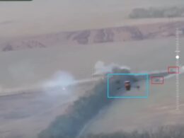 A screenshot from the Reporting from Ukraine video on YouTube, showing a Ukrainian kamikaze drone in the air.