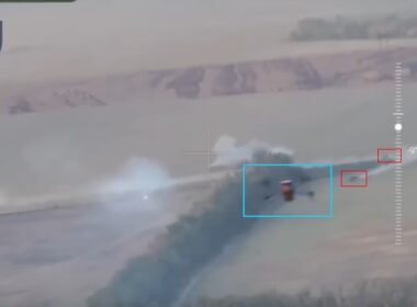 A screenshot from the Reporting from Ukraine video on YouTube, showing a Ukrainian kamikaze drone in the air.