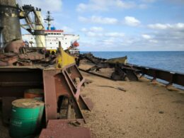 The civilian cargo vessel, which was hit by a Russian missile near Snake Island in the Black Sea. Photo: Zelenskyy's Telegram.