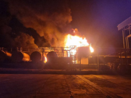 An oil depot on fire in Rovenky.