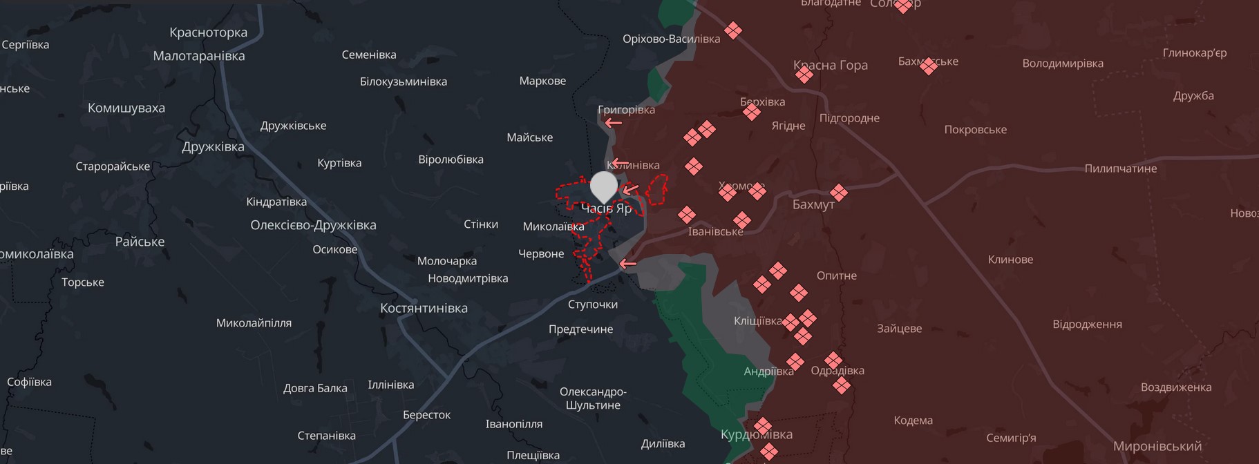 The current state of the frontline with regards to the town of Chasiv Yar (indicated by the marker). Photo via DeepState.ua.