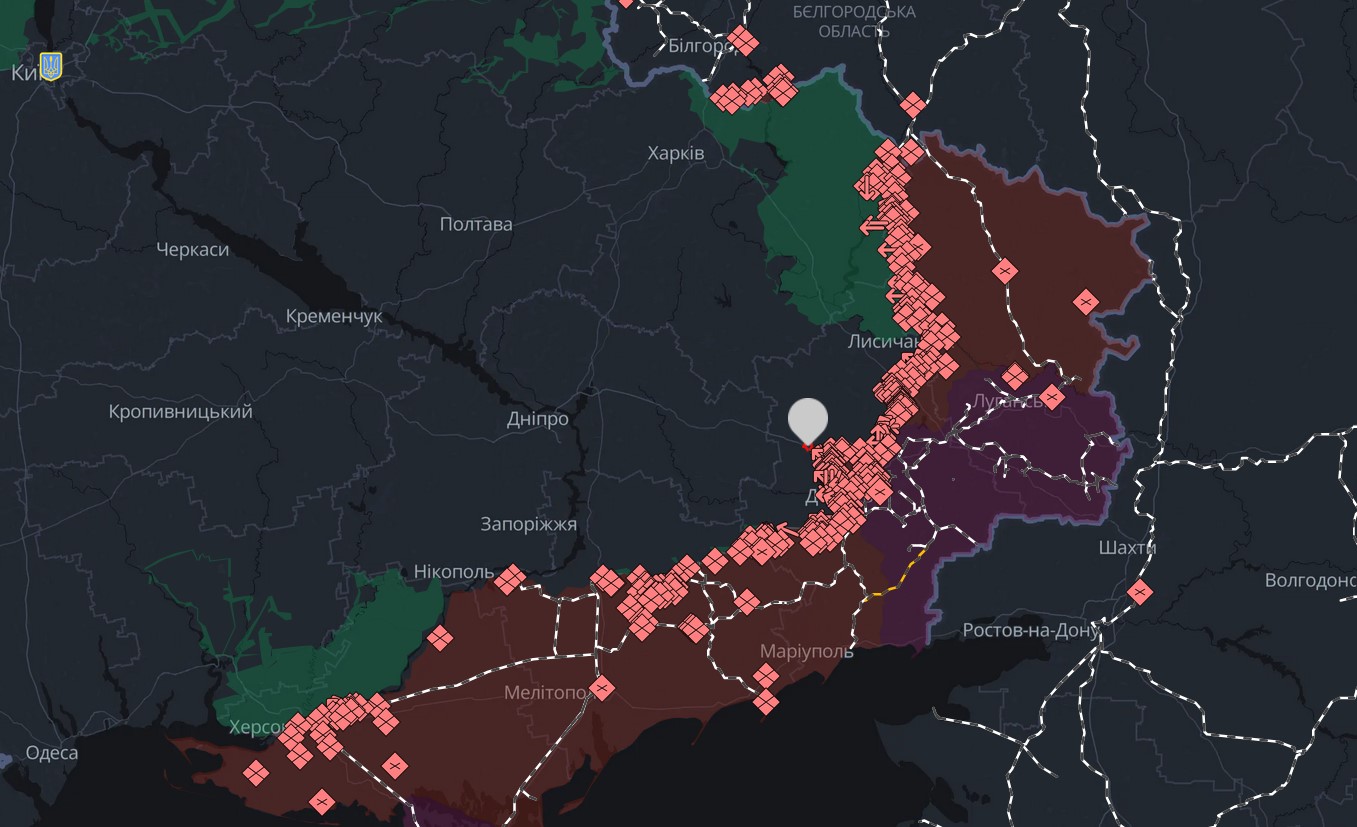 The current situation on the frontline in the east of Ukraine. Pokrovsk is indicated via the white marker. Source: Deepstate.ua.