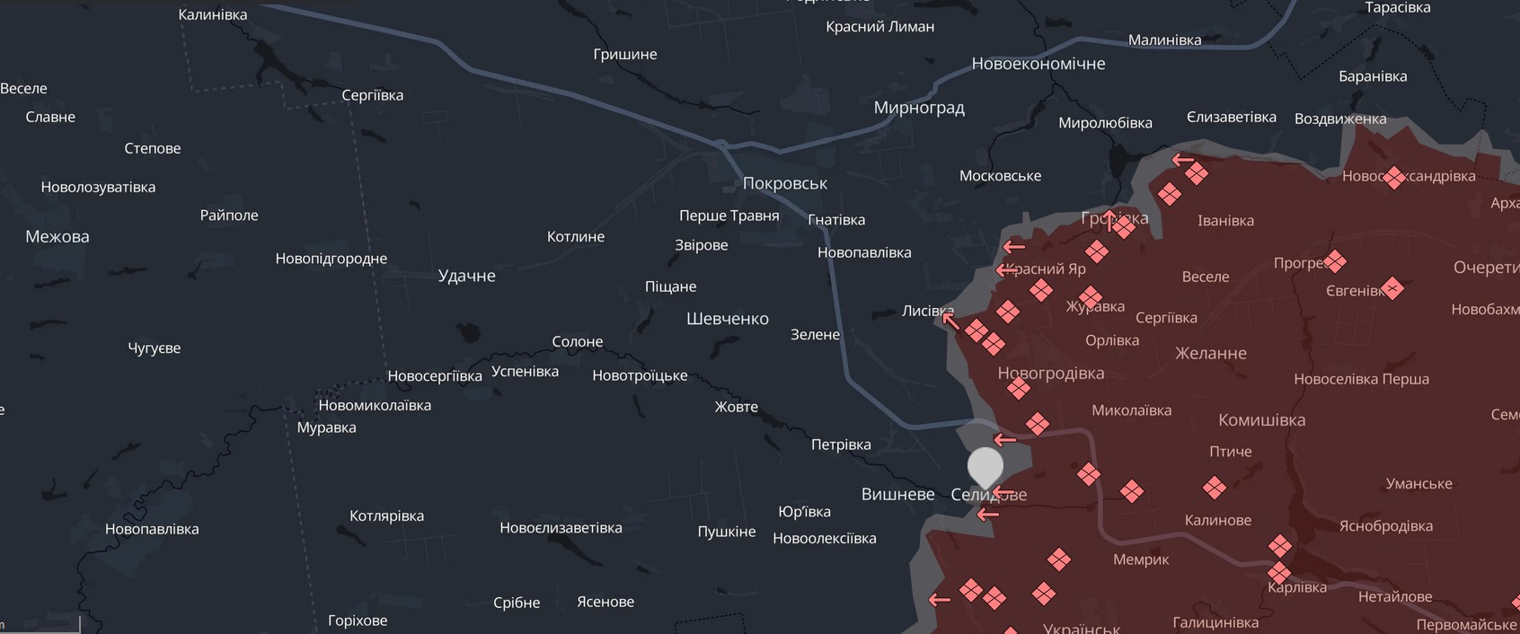 Selydove (indicated by the marker), with Pokrovsk to the northwest. Photo via DeepState.ua.