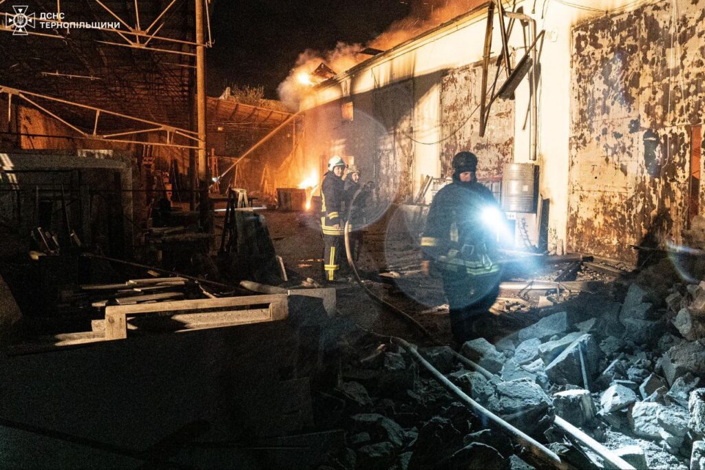 Russian night attack causes fire at industrial facility in Ternopil Oblast