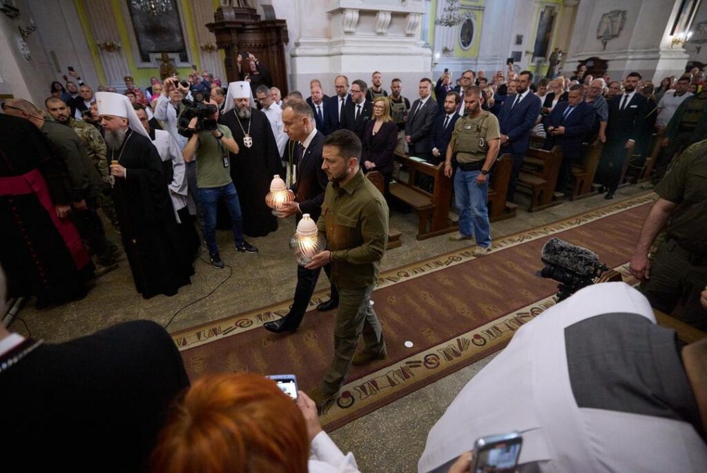 Ukrainian President Volodymyr Zelenskyy and Polish President Andrzej Duda during a joint commemoration of the Volyn tragedy in the Ukrainian city of Lutsk, 9 July 2023.