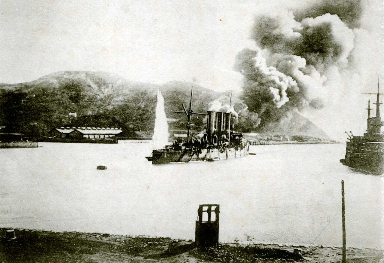 Bombardment at Port Arthur, in 1904. Image via Wikimedia.