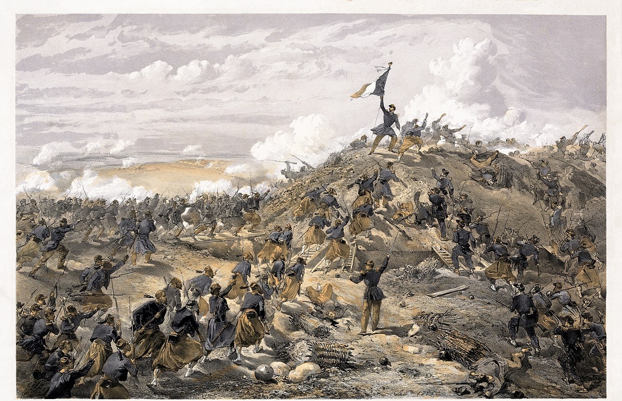 The Attack on the Malakhov, by William Simpson. Print shows the French assault on the main Russian fortification before Sevastopol on 7 September 1855. Photo via Wikimedia.