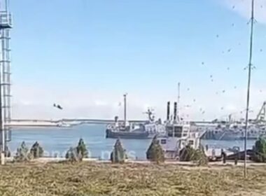 A Ukrainian A-22 drone dives into ship and port infrastructure before detonating.