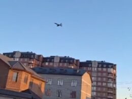 A Ukrainian A-22 long-range strike drone flying on Kaspiysk. Geolocated by Dominik on X.