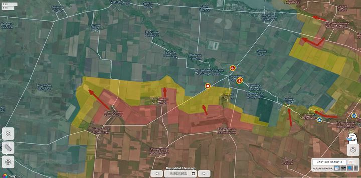 Andrew Perpetua recorded Russian advances on three axis north of Vuhledar in Donetsk Oblast. Credit: Andrew Perpetua’s ukrdailyupdate.com 
