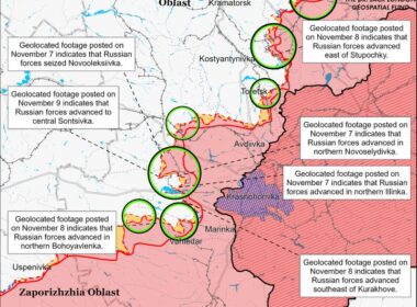 Assessed Control of Terrain Around Donetsk as of November 9, 2024, 1:30 PM ET