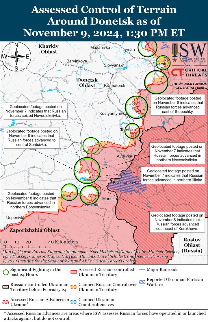 Assessed Control of Terrain Around Donetsk as of November 9, 2024, 1:30 PM ET