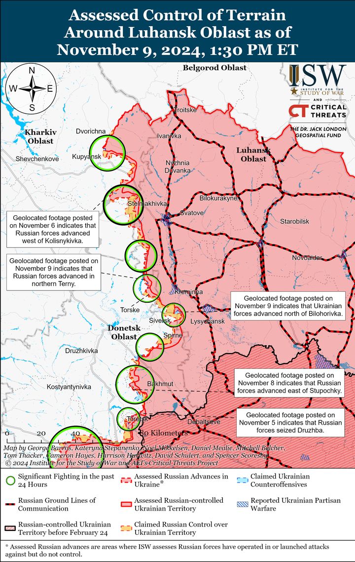 Assessed Control of Terrain Around Luhansk Oblast as of November 9, 2024, 1:30 PM ET